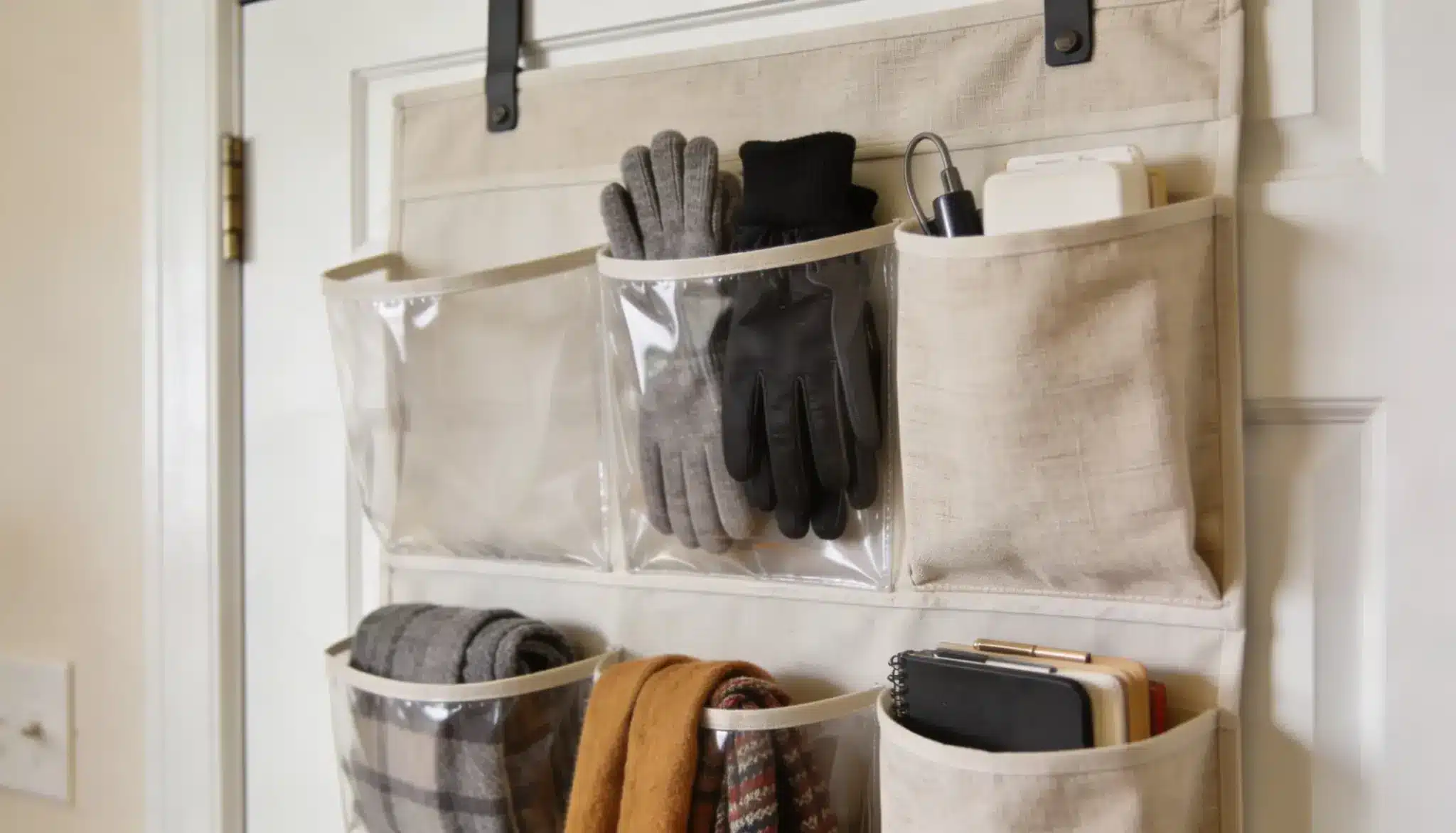 Beige fabric over-the-door organizer filled with winter gloves, scarves, and small electronics hanging on a white interior door