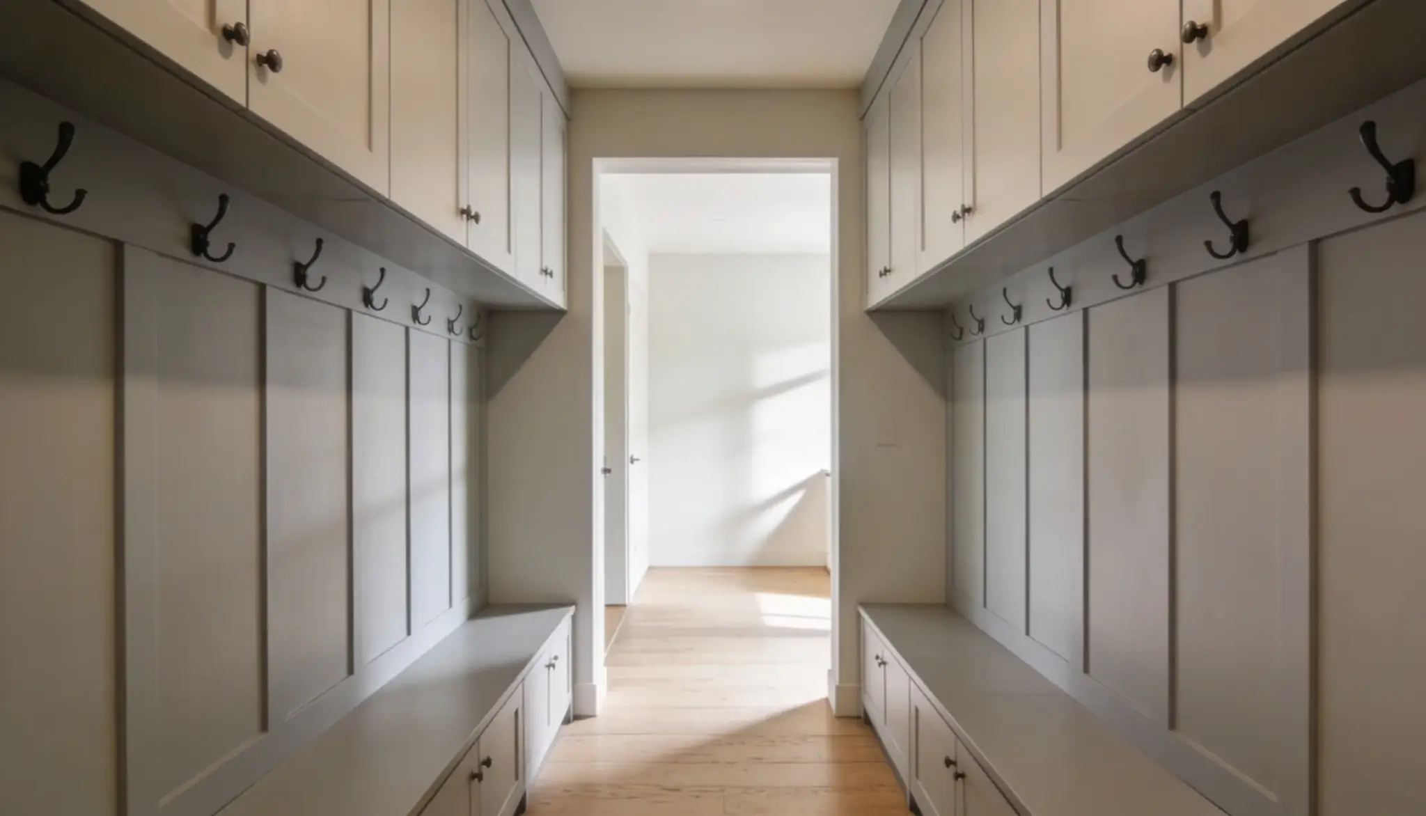 Bright modern mudroom with white built-in cabinets, black coat hooks, and bench seating along both walls, leading to a sunlit doorway with light hardwood floors