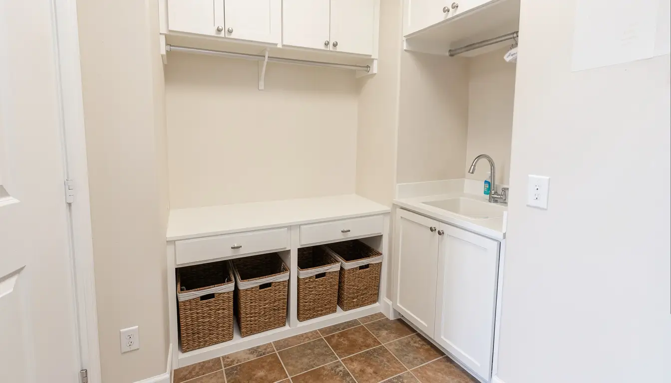 Bright white pet friendly mudroom with built-in cabinets, hanging rods, bench seating, woven storage baskets, and utility sink; clean, organized entryway with tiled flooring and minimalist design