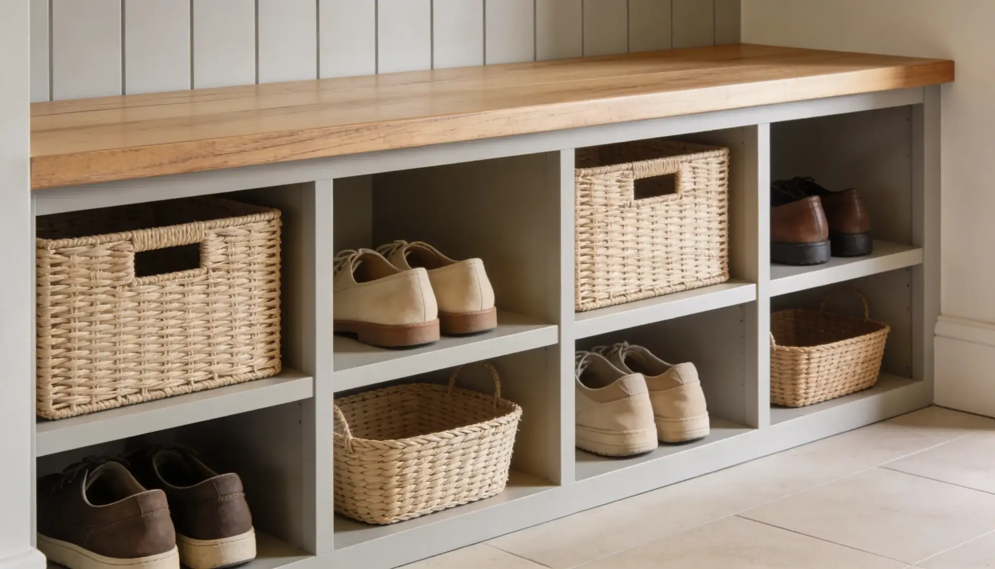 Built-in mudroom bench with wooden countertop, open cubby storage, woven baskets, and neatly arranged shoes; minimalist entryway organization with neutral tones and functional design