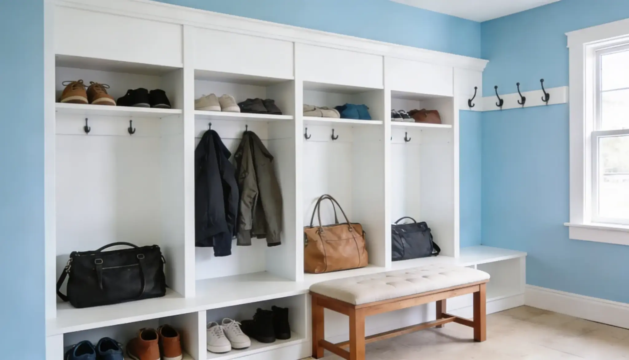 Built-in white mudroom storage with cubbies filled with shoes, hanging coats, and bags, situated next to a wooden bench against light blue walls