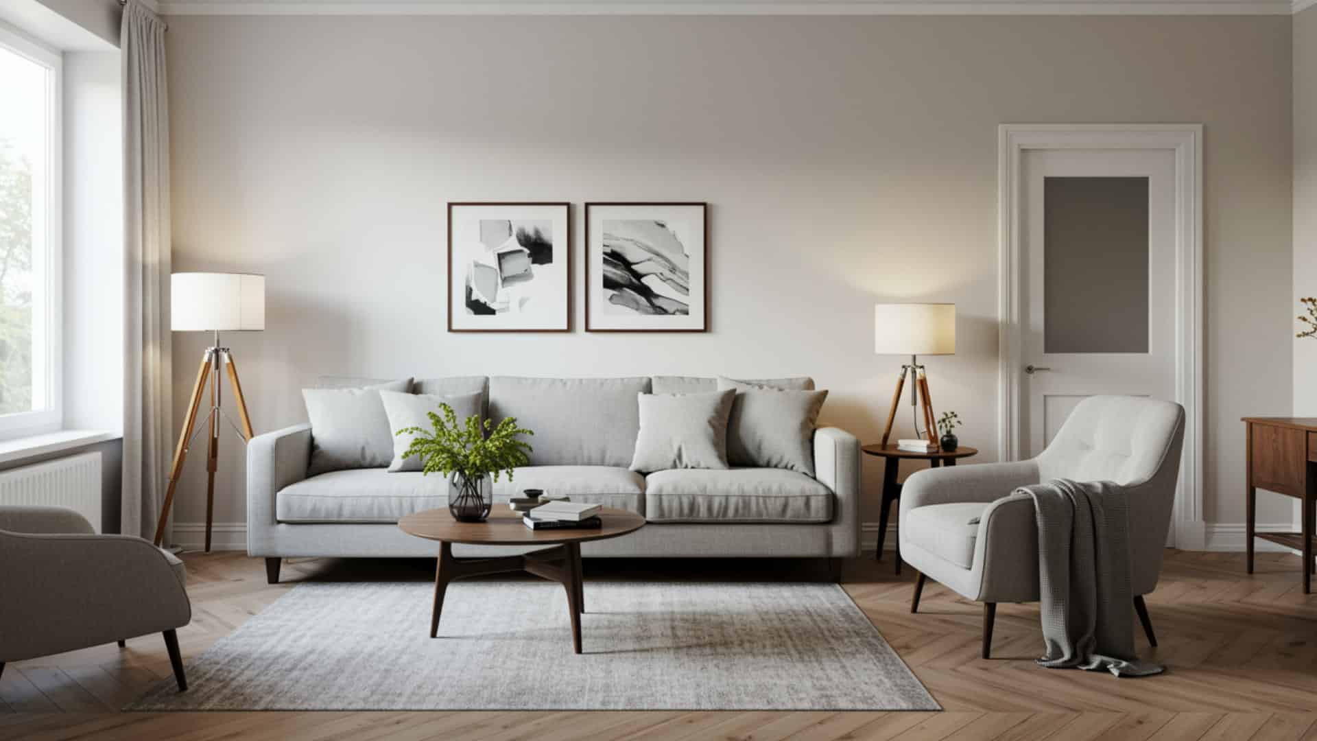 Freshly painted living room showing clean, neutral walls and modern decor, a typical result when calculating the cost to paint the interior of the house