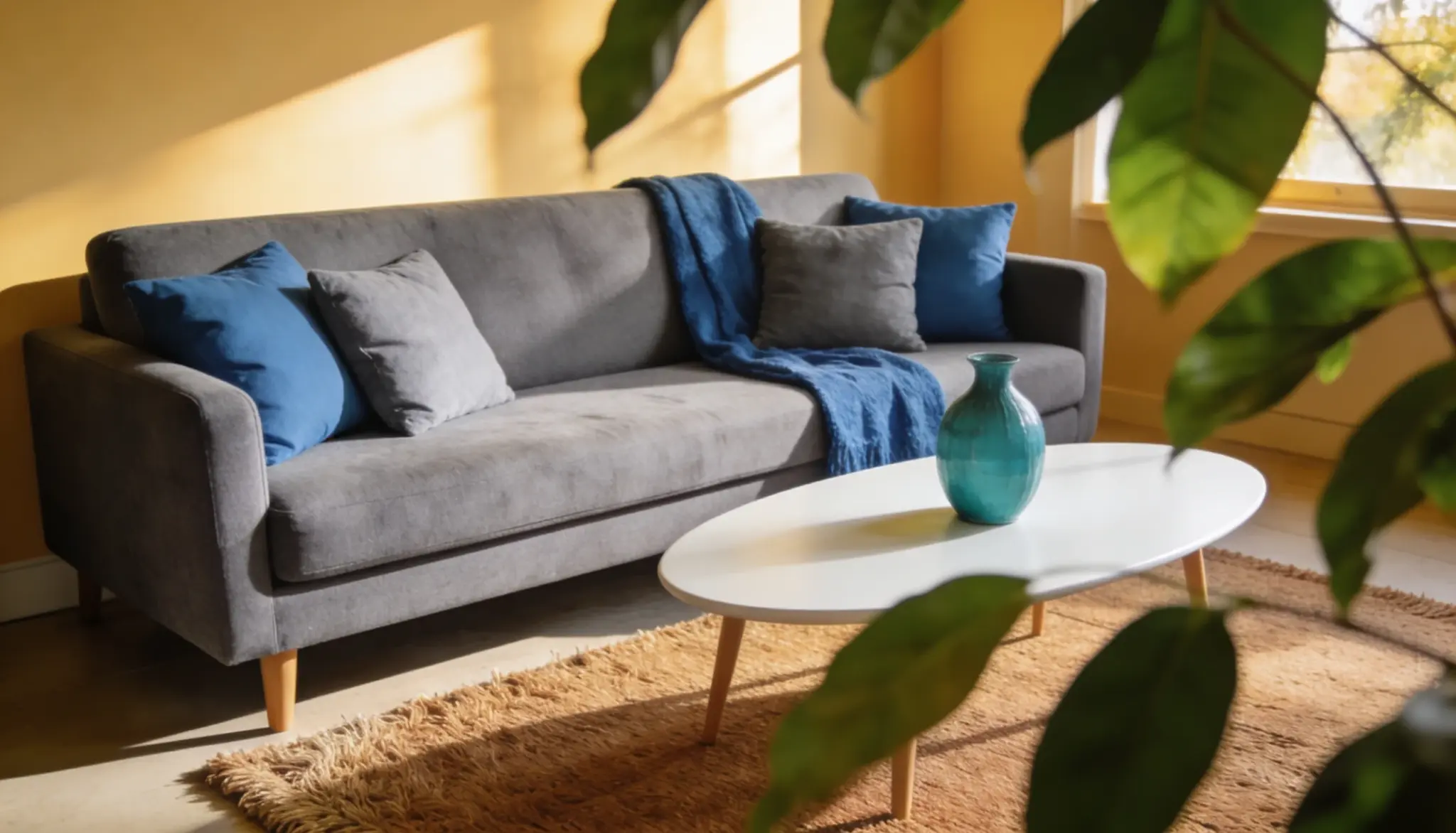 Gray sofa with blue and gray pillows sits in a sunlit room with a white coffee table, a teal vase, and foreground foliage