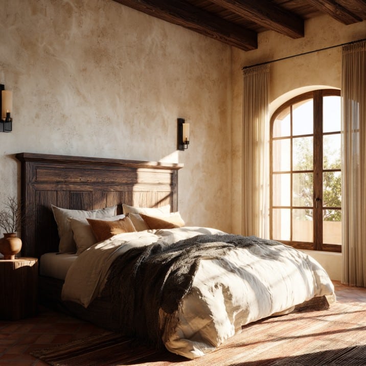 Hacienda Spanish front view bedroom, cream plaster walls, dark wood headboard, white linen bedding, warm sunlight