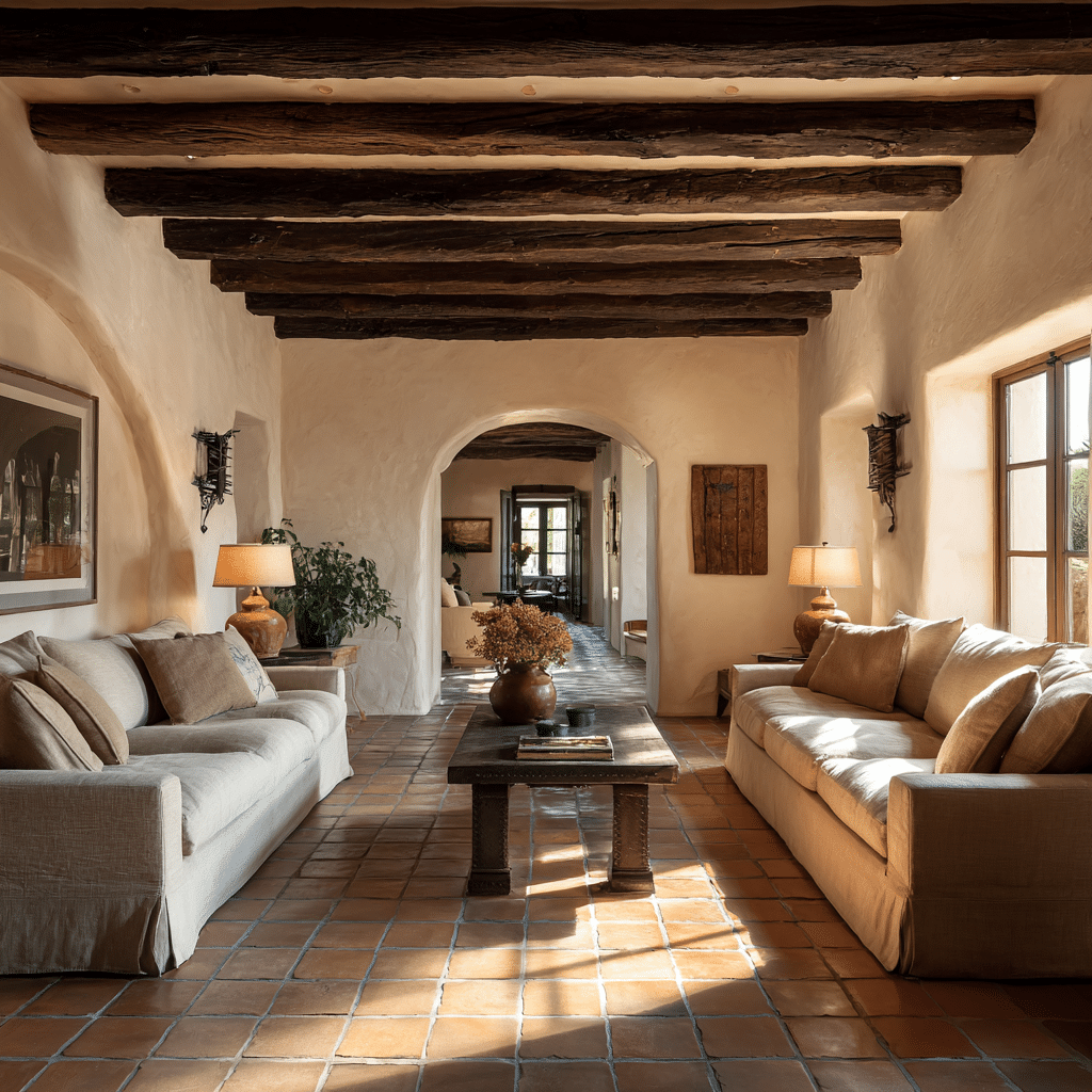 Hacienda Spanish living room, terracotta tile floor, cream plaster walls, dark wood ceiling beams, linen sofas facing each other, warm sunlight