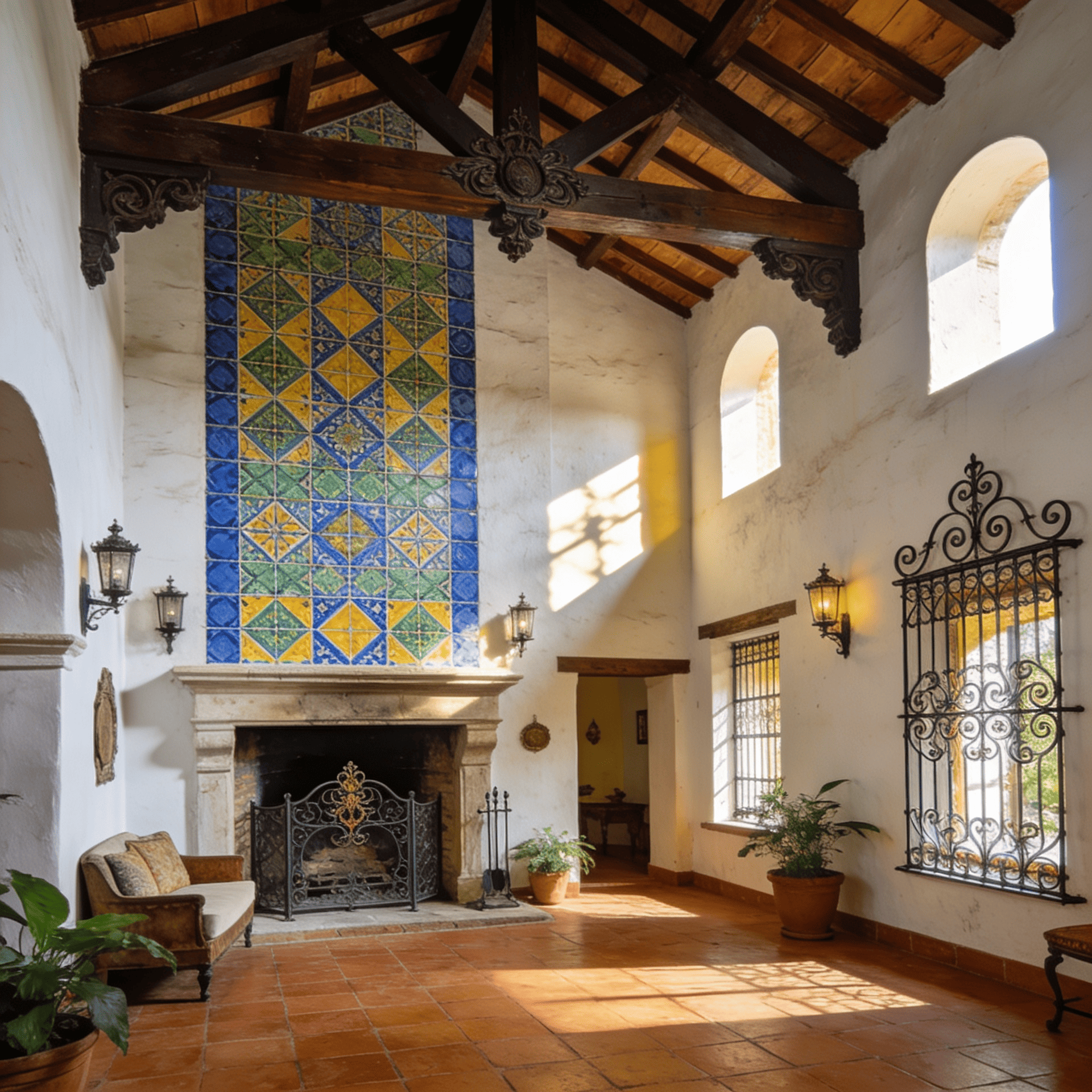 Hacienda fireplace wall adorned with Talavera tiles, white plaster walls, dark wood beams, terracotta floor, wrought iron accents