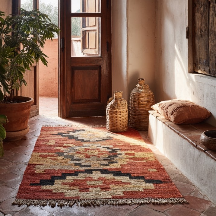 Handwoven rust and ochre rug over terracotta tiles, soft natural light, Spanish hacienda style texture focus.