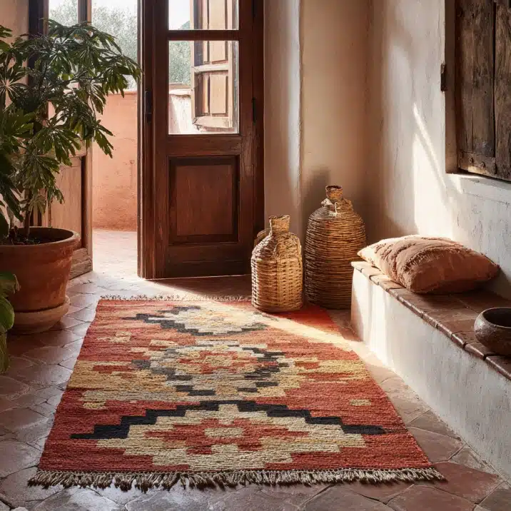 Handwoven rust and ochre rug over terracotta tiles, soft natural light, Spanish hacienda style texture focus.