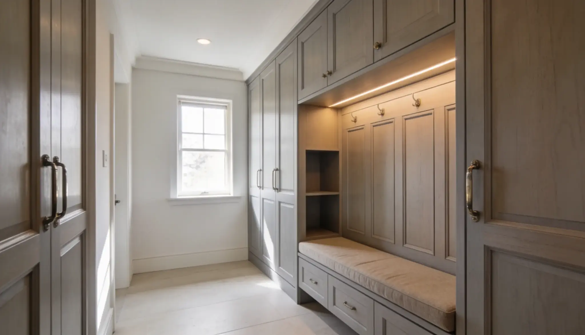 Luxury mudroom with gray built-in cabinets, cushioned bench seating, brass hardware, coat hooks, and under-cabinet lighting, illuminated by natural light from a window in a minimalist entryway