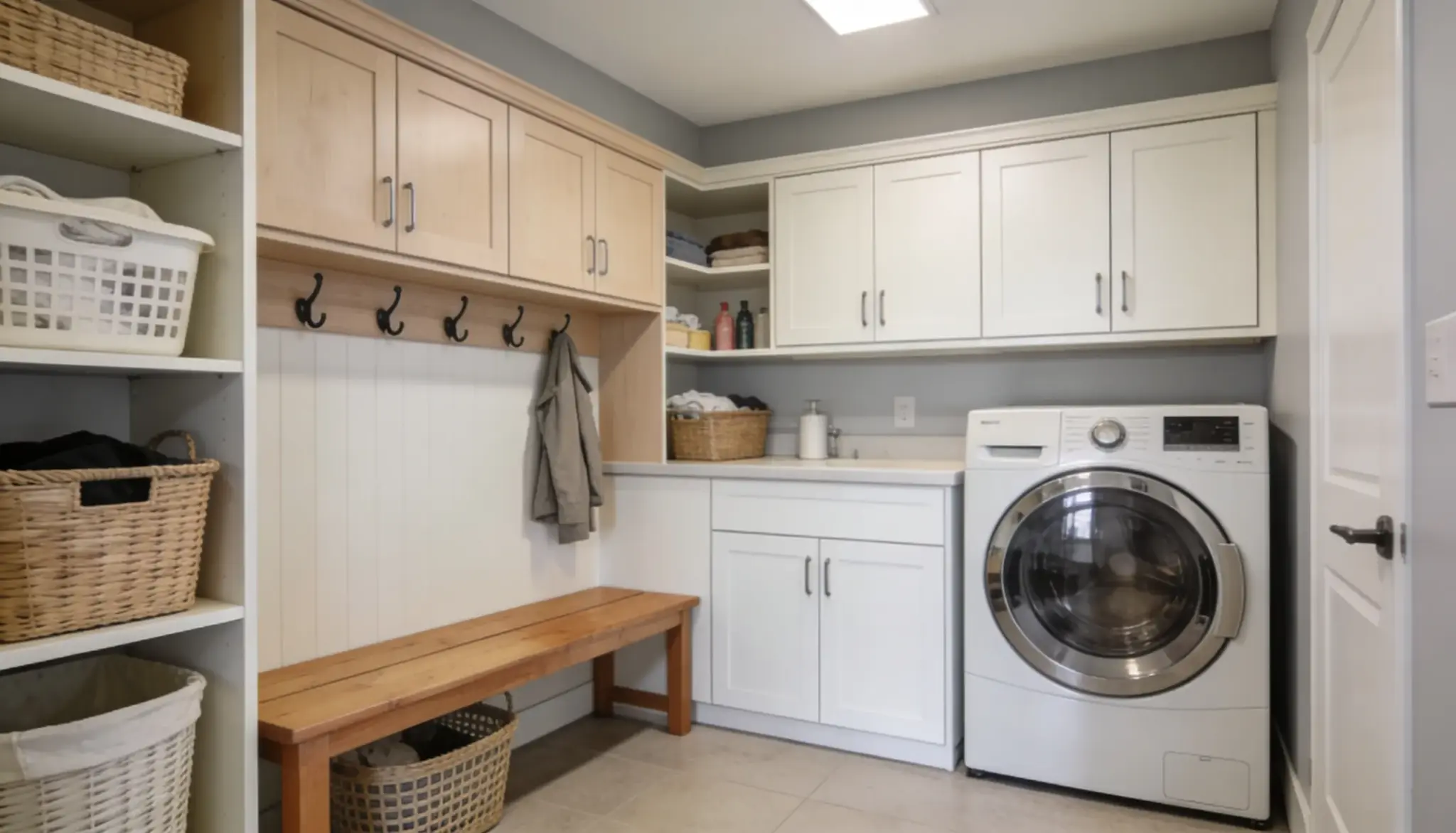 Modern laundry room featuring white cabinetry, a front-load washer, built-in open shelving with wicker baskets, and a wooden bench with coat hooks