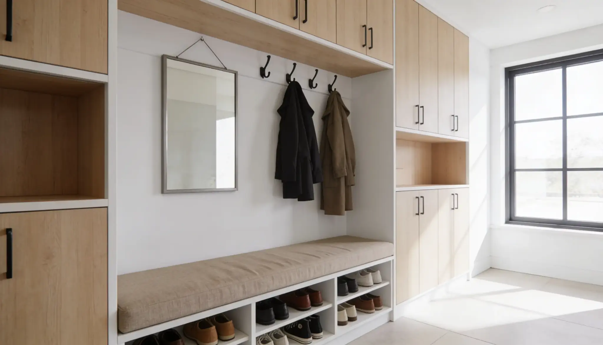 Modern mudroom entryway with light wood built-in cabinets, cushioned bench seating, black coat hooks holding jackets, shoe cubbies below, and large window providing natural light.