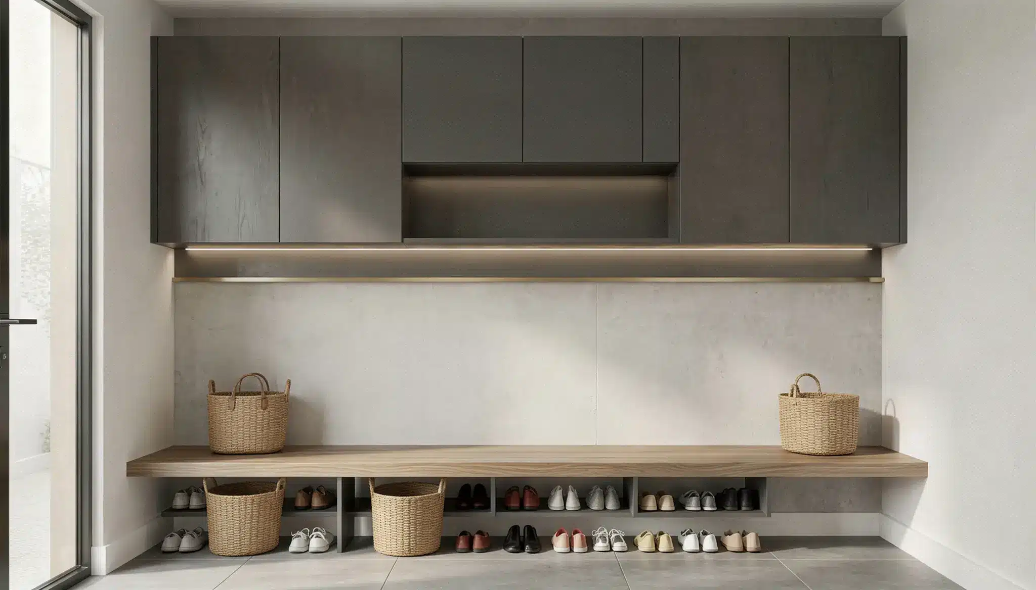 Modern mudroom featuring dark upper cabinets, a light wooden bench with integrated shoe storage underneath, and woven baskets against a textured light gray wall