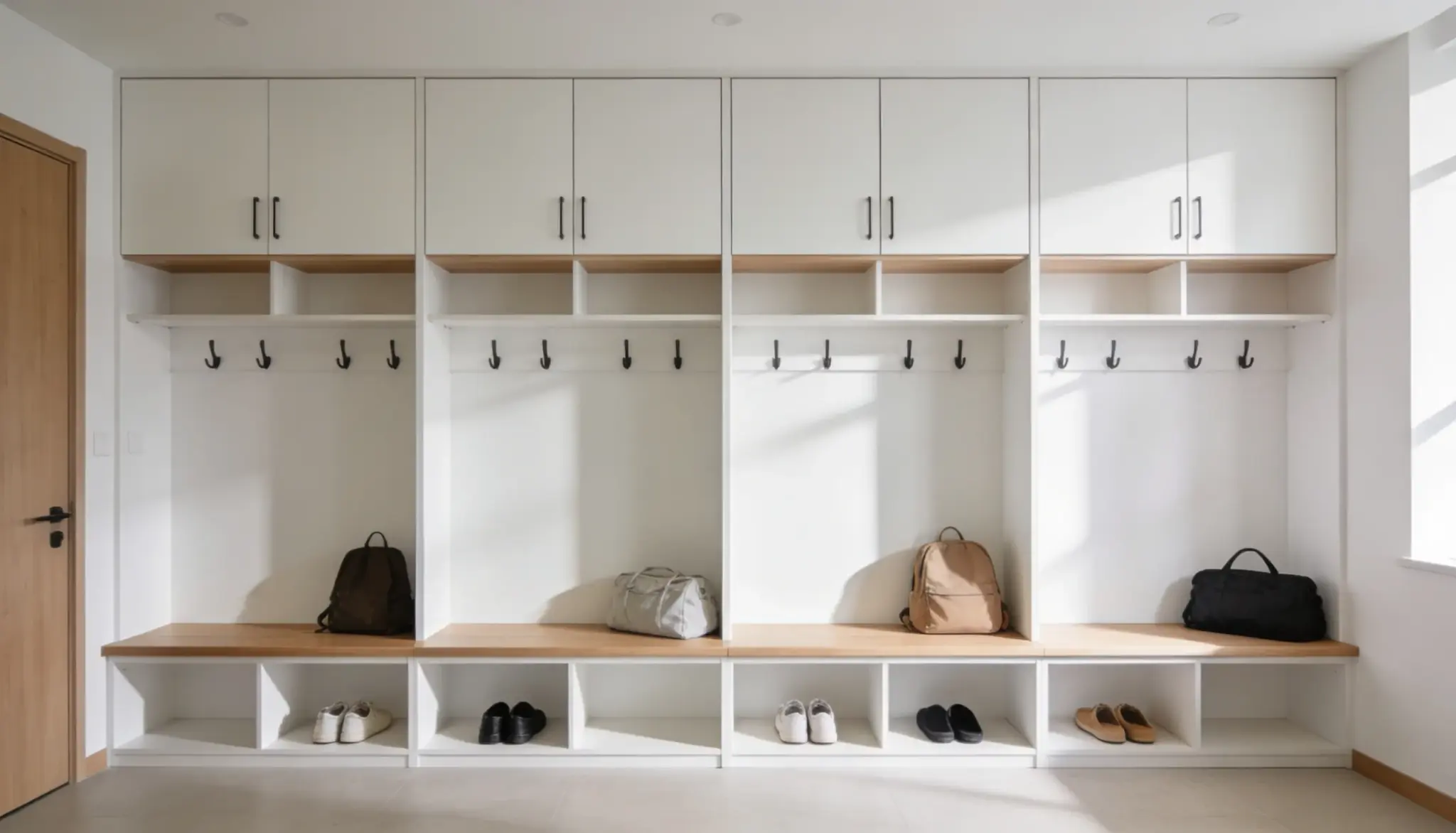 Modern white entryway mudroom with built-in cubbies featuring wooden benches, black hooks, and storage for shoes and backpacks