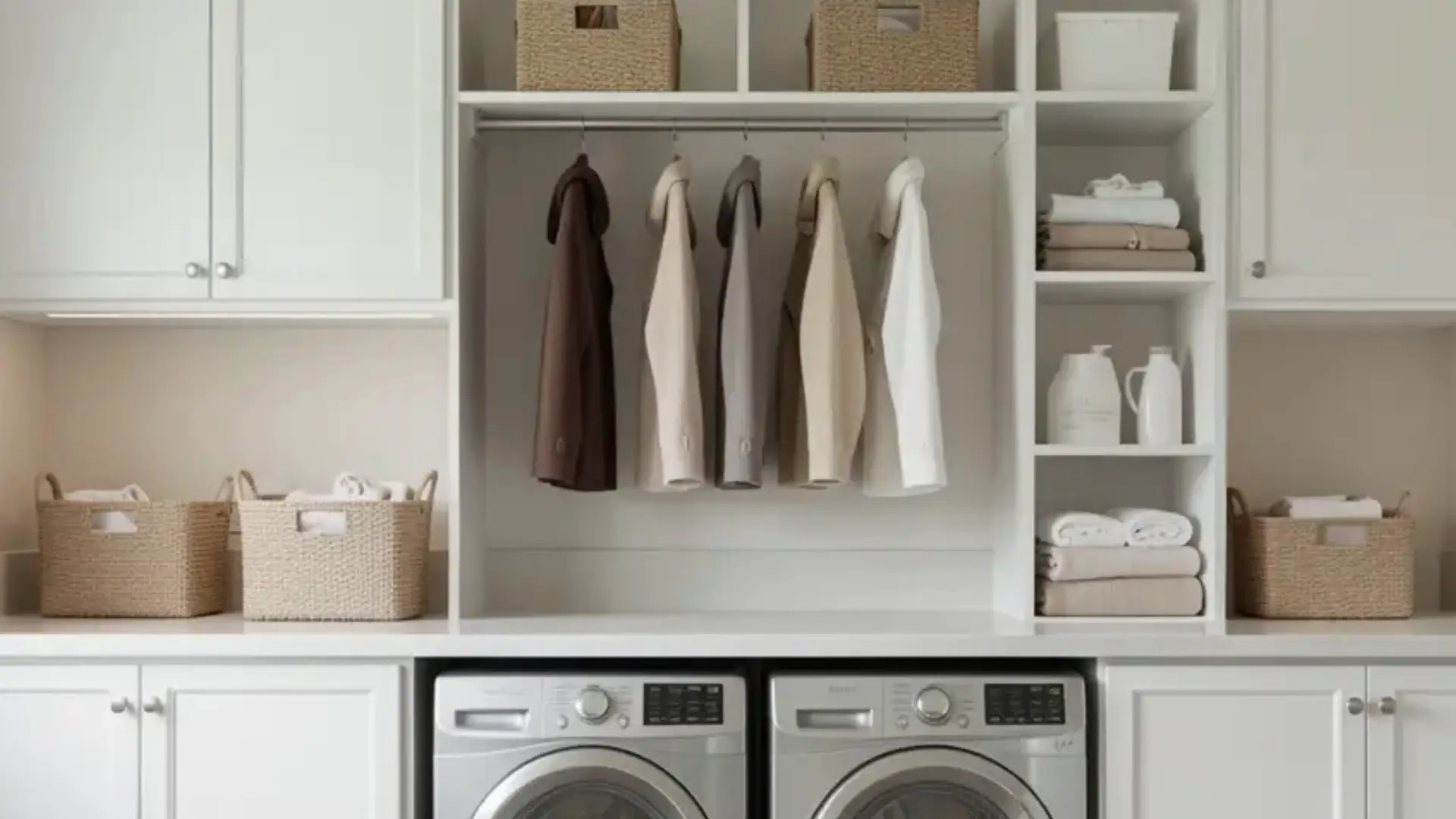 Modern white laundry room featuring built-in shelving, hanging garments, two front-loading washers, and woven storage baskets