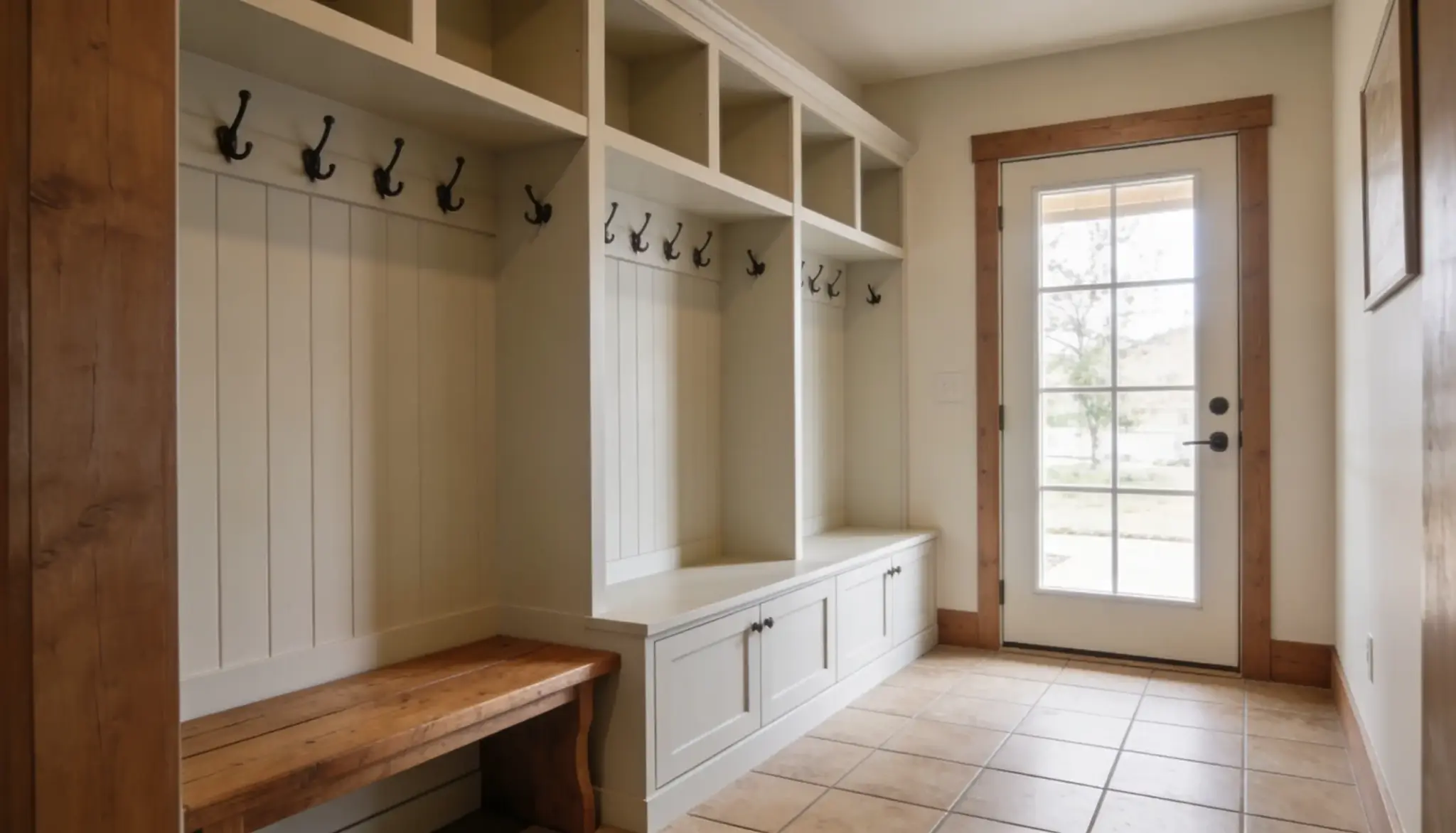 Mudroom entryway featuring built-in light cabinetry with cubbies and hooks, a wooden bench, and a glass-paned exterior door with wood trim over tan tile flooring