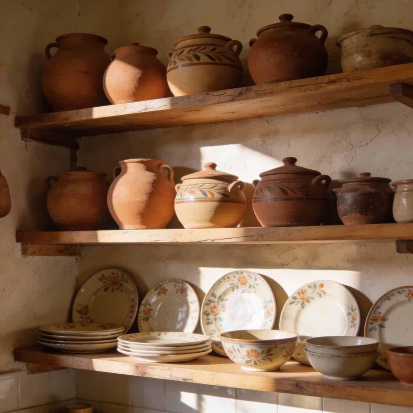 Open wooden spanish style kitchen shelves with clay pots and ceramic dishes, plaster wall, warm earthy tones