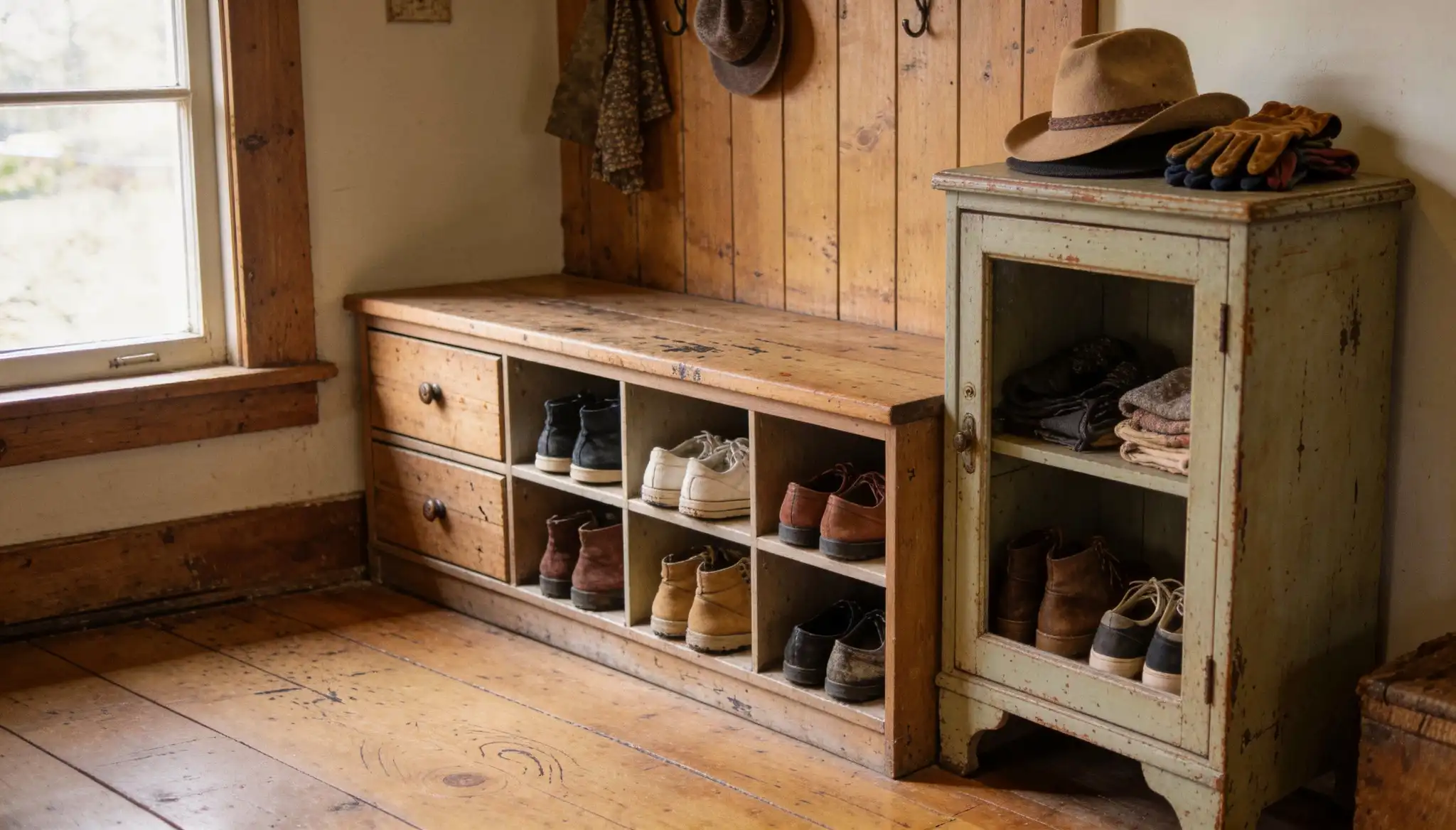 Rustic entryway with a wooden shoe cubby bench, a distressed pale green storage cabinet, and a sunlit wide plank wood floor