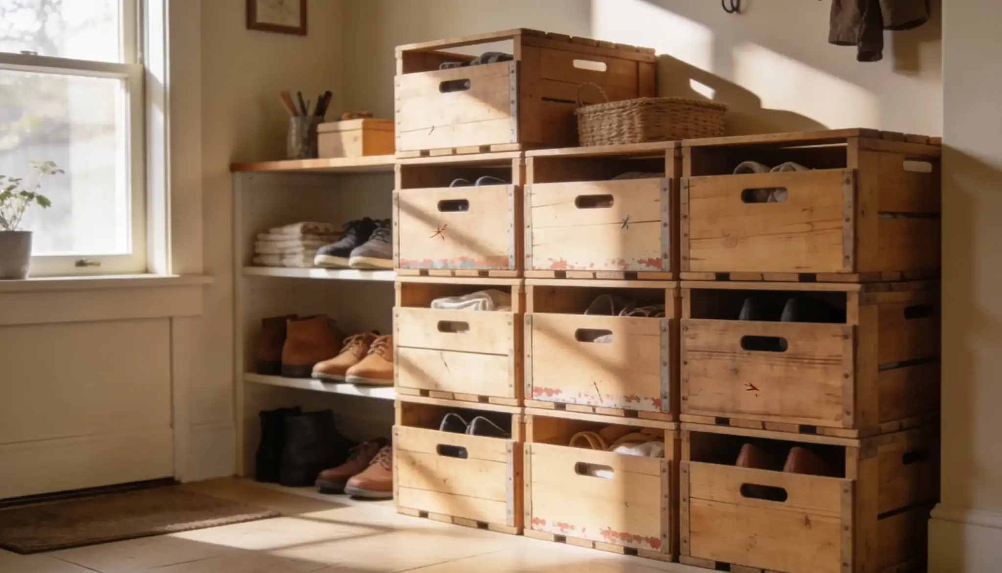 Rustic entryway with stacked wooden crates and open shelving used for shoe and small storage next to a bright window