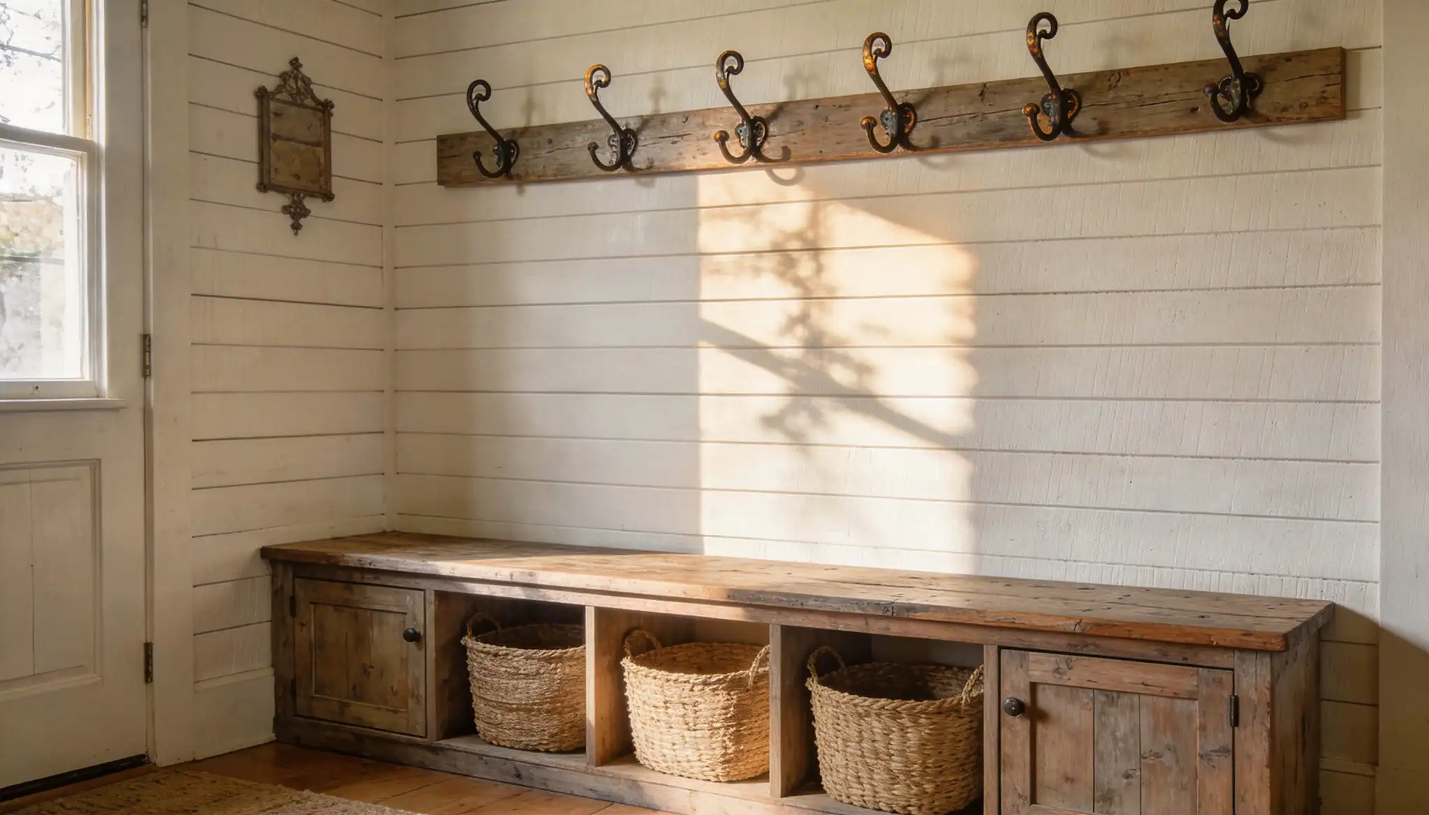 Rustic entryway with white shiplap walls, a long wooden bench featuring storage cubbies with woven baskets, and an overhead wooden plank coat rack with black iron hooks