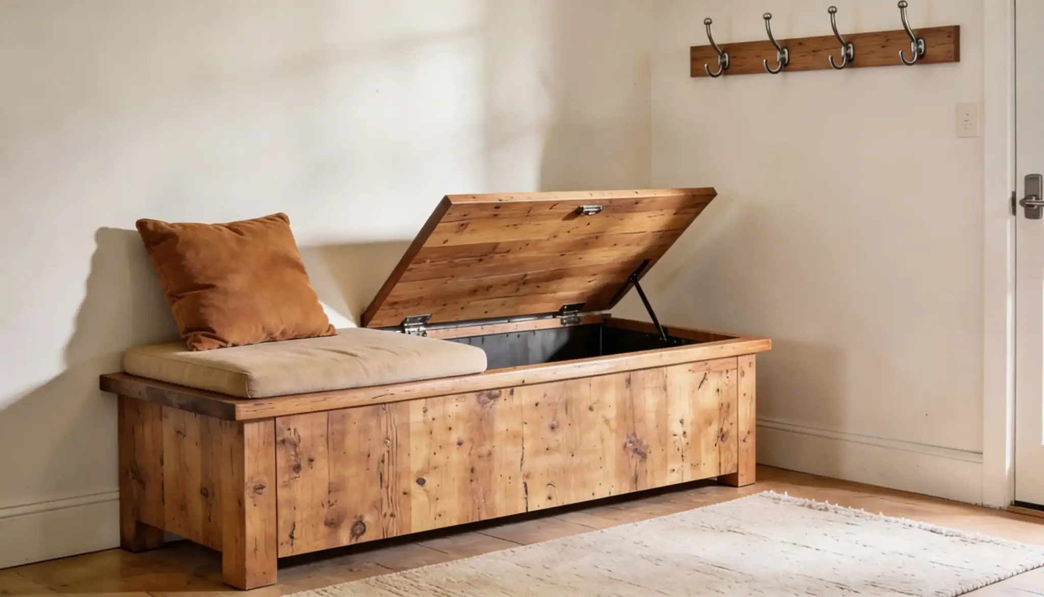 Rustic wooden storage bench with an open lid, featuring a beige cushion and brown accent pillow against a light wall with a wooden coat rack
