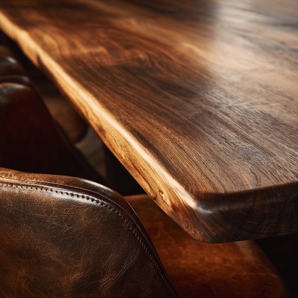 Solid wood dining table surface with visible grain, leather chair edge, warm ambient light