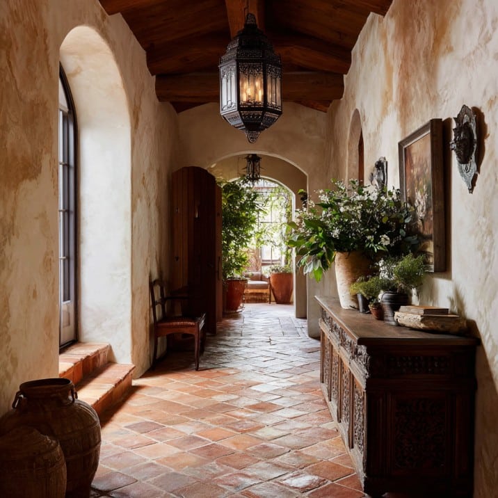 Spanish hacienda entryway, terracotta tiles, cream plaster walls, carved wood console table, iron lantern light