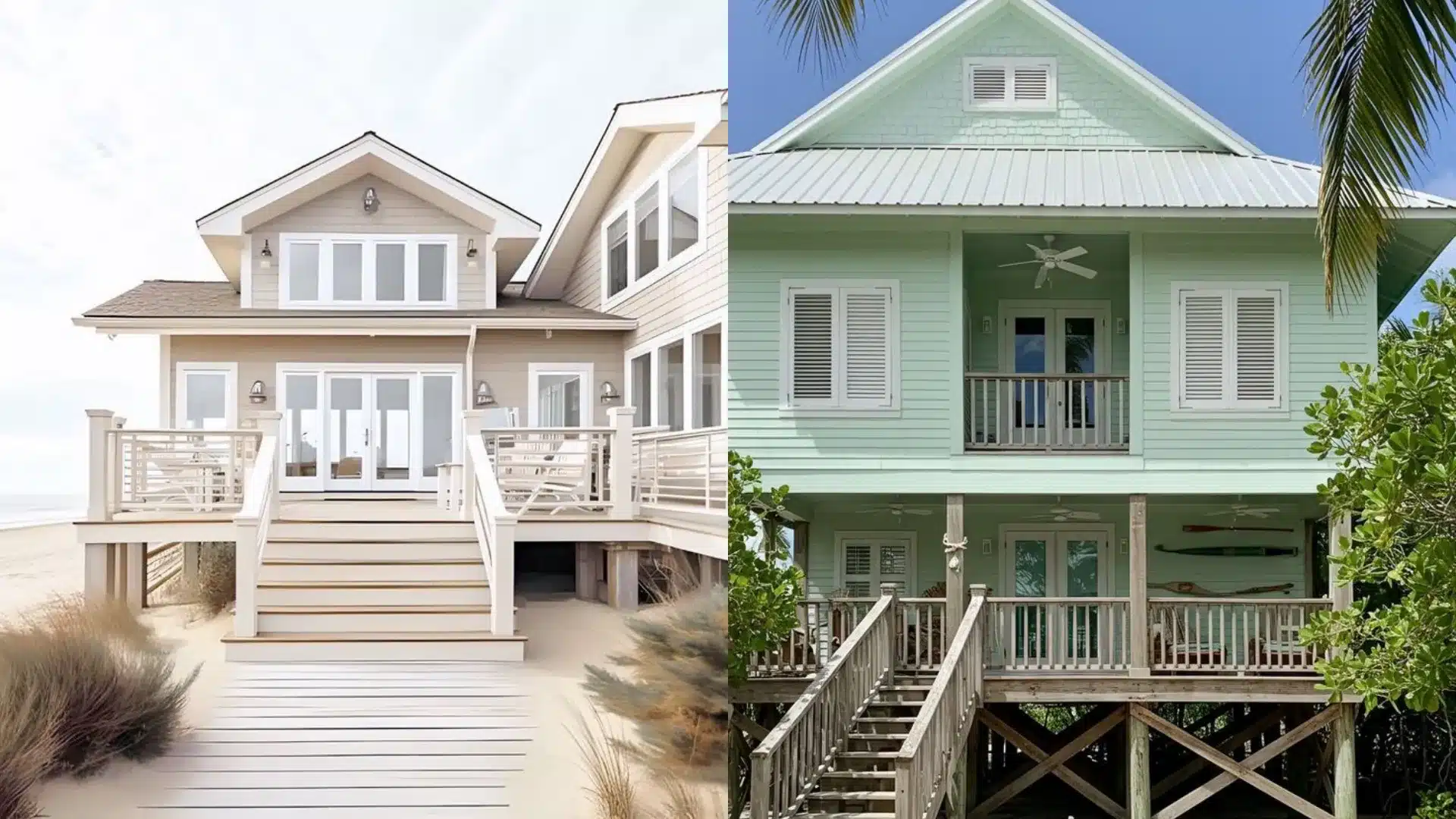 Split image comparing a modern beige beach house on white sand next to a light green traditional home with wooden pilings and tropical foliage