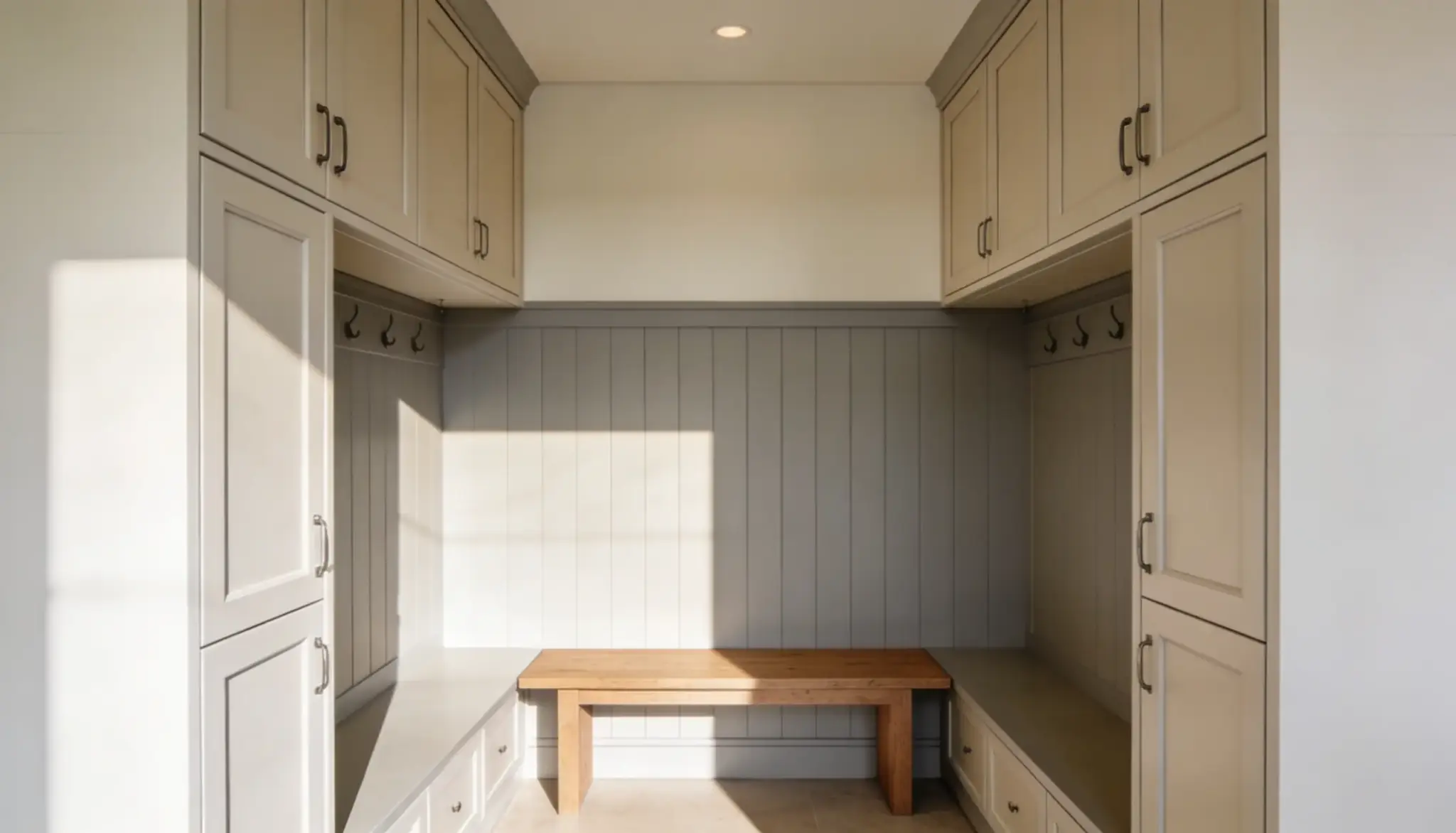 Symmetrical mudroom with floor-to-ceiling beige cabinetry flanking a recessed bench area featuring gray beadboard paneling and a natural wood bench