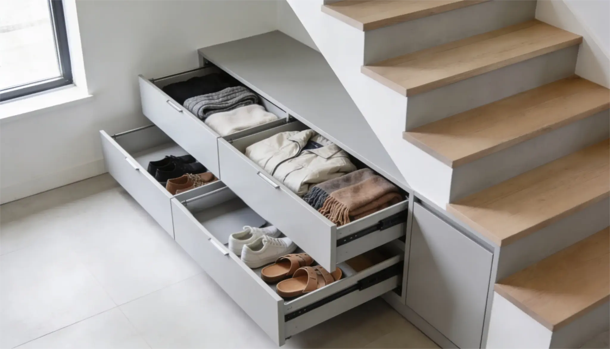 Under-stair storage features open drawers with neatly organized clothes and shoes. The modern design maximizes space, conveying tidiness and efficiency