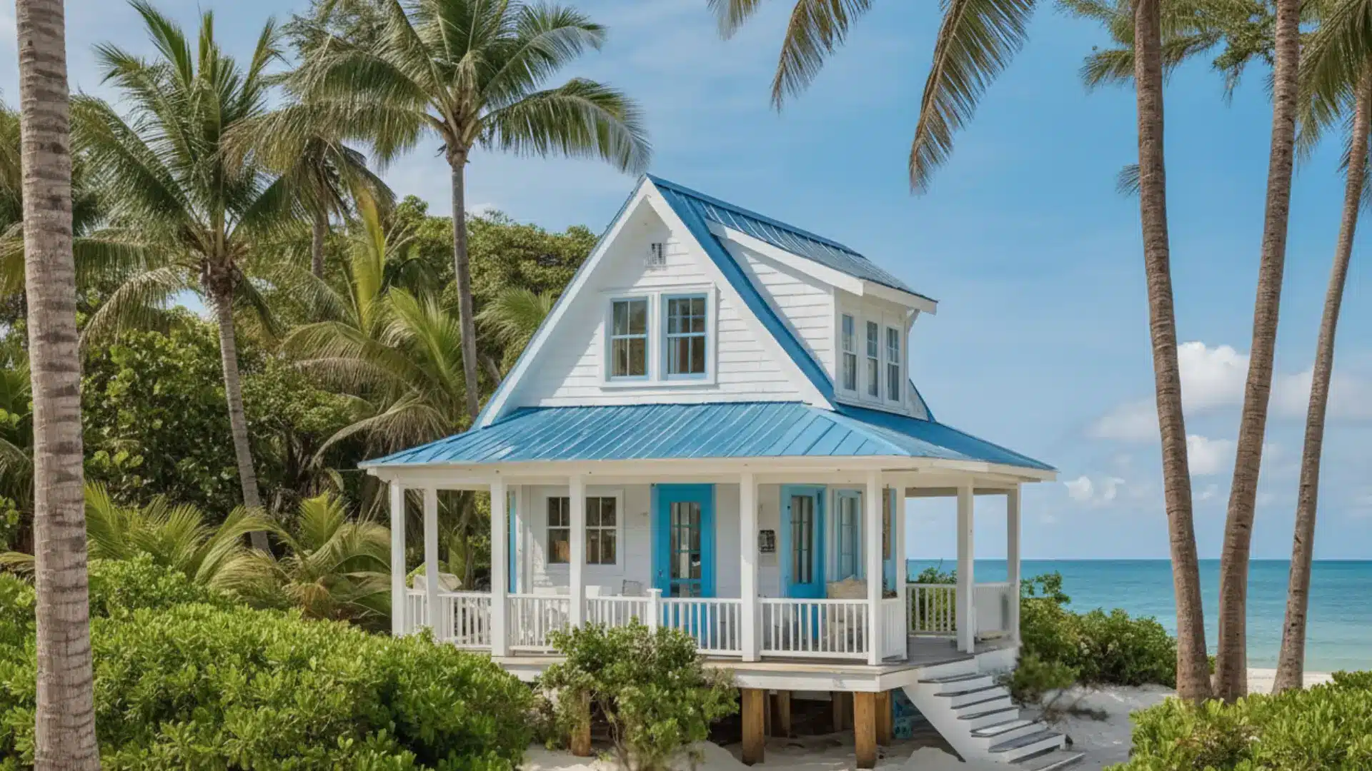 White beach cottage with bright blue trim and roof nestled among palm trees facing a ocean