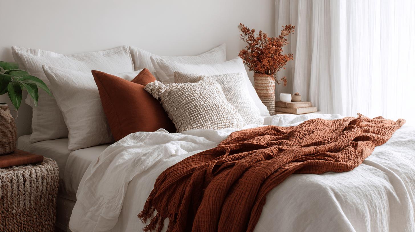 White linen bed with rust woven throw, soft light, earthy calm tones