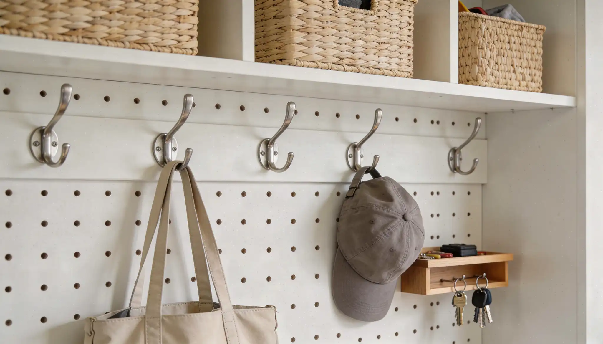 White pegboard entryway organizer featuring brushed nickel coat hooks, a hanging tote bag, and a small wooden shelf holding keys and accessories under a storage shelf lined