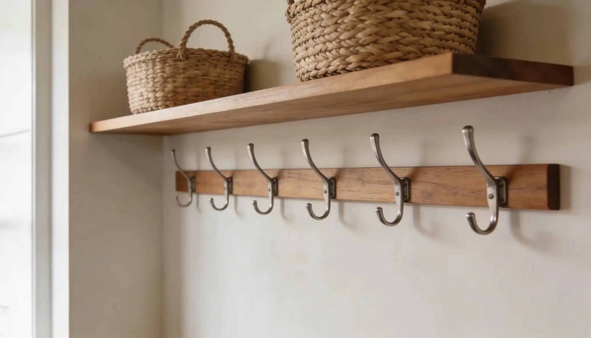 Wooden shelf mounted above a wooden coat rack with multiple silver double hooks on a light-colored wall, with woven baskets resting on the shelf