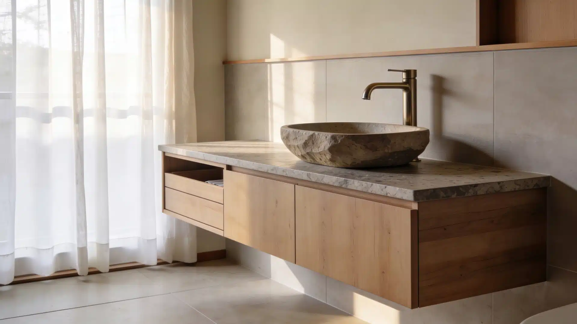 A bathroom featuring a stone sink atop a wooden cabinet, showcasing a blend of natural materials and modern design