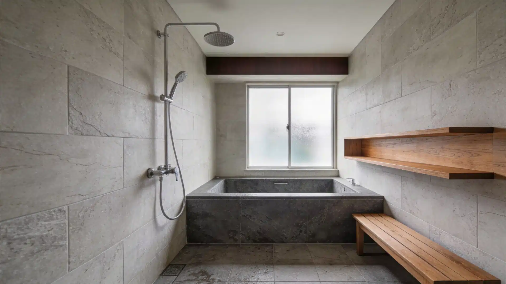 A bathroom featuring a wooden bench beside a modern shower, creating a serene and functional space