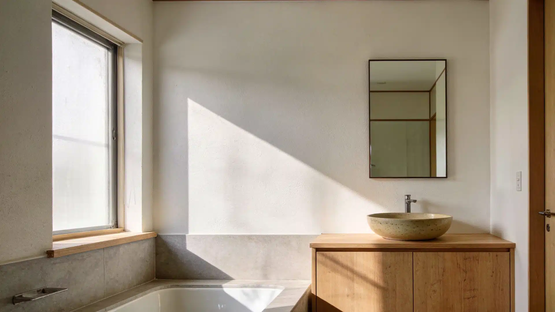 A bathroom featuring a wooden sink and a window, providing natural light and a warm, rustic atmosphere