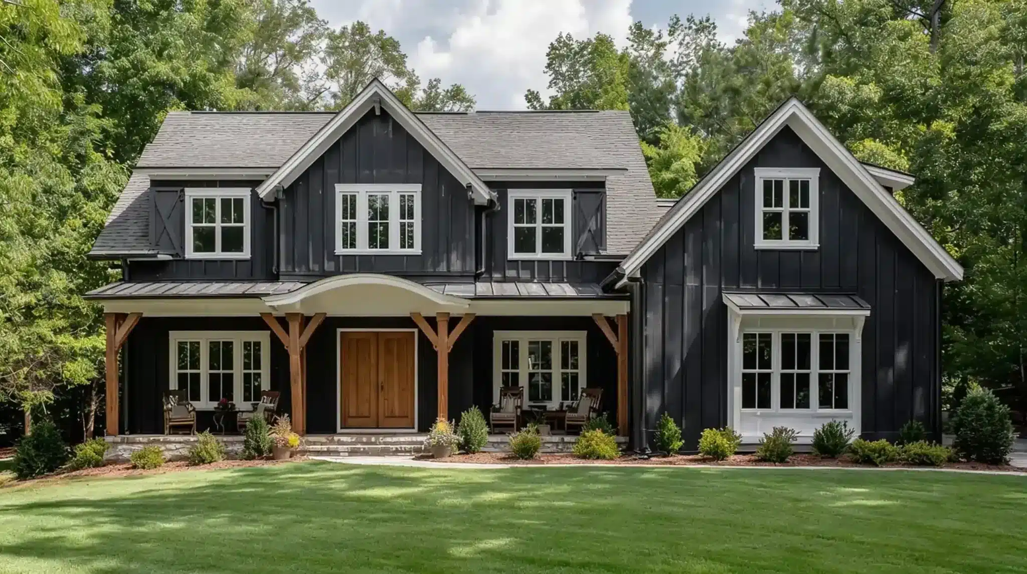 A black house with white trim windows, featuring a welcoming front porch and a prominent front door