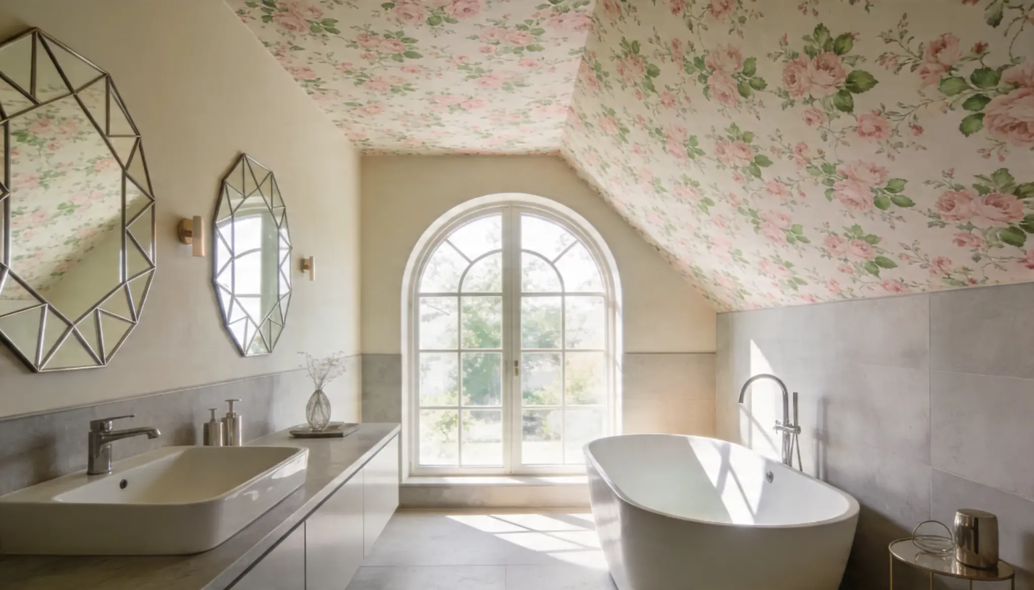 A bright bathroom featuring a large window and a spacious bathtub creating an inviting and airy atmosphere