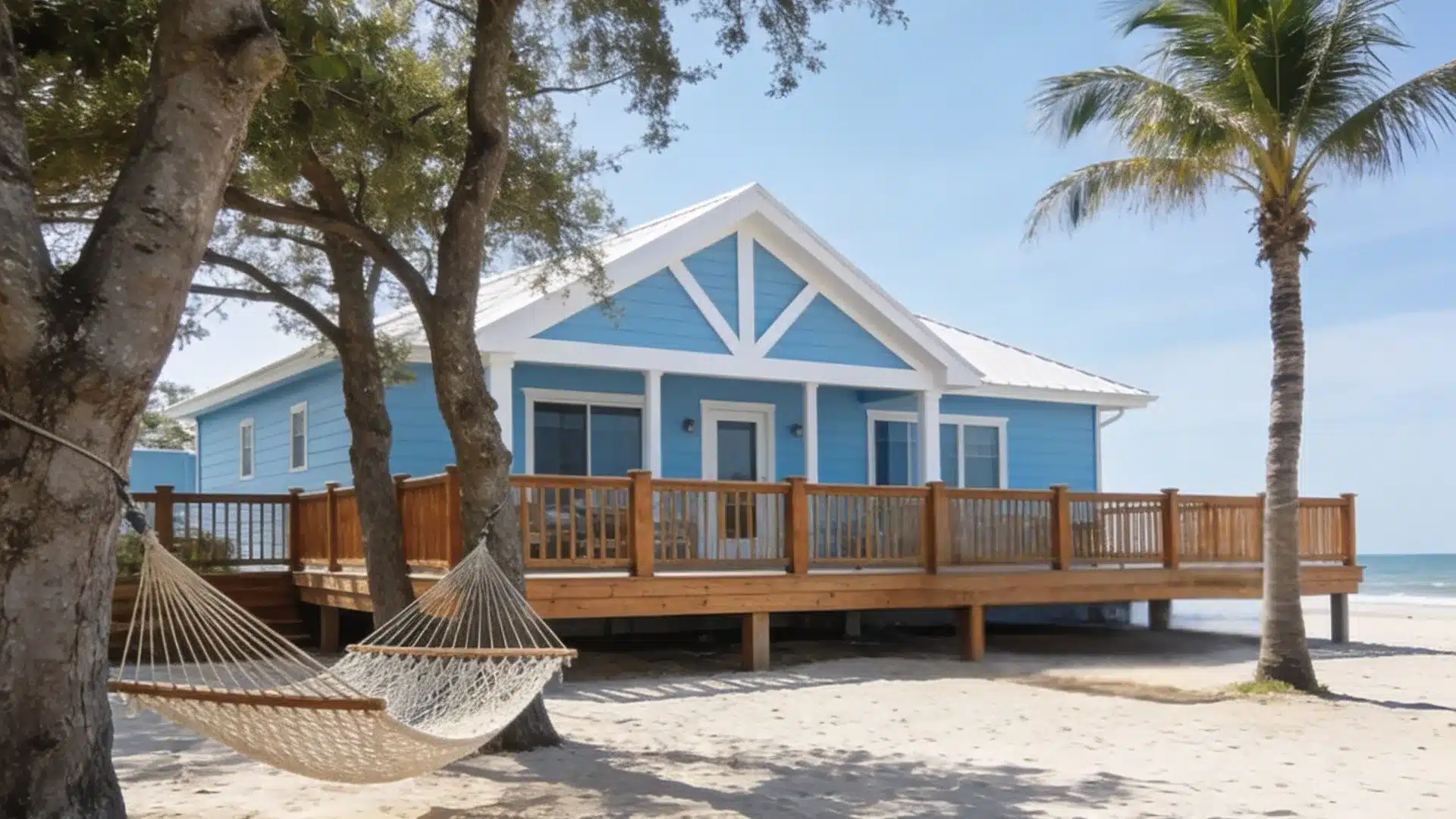 A bright blue beach house with a raised wooden deck sits on white sand beneath a clear sky, featuring two hammocks strung between trees and a nearby palm tree with the ocean visible in the distanc