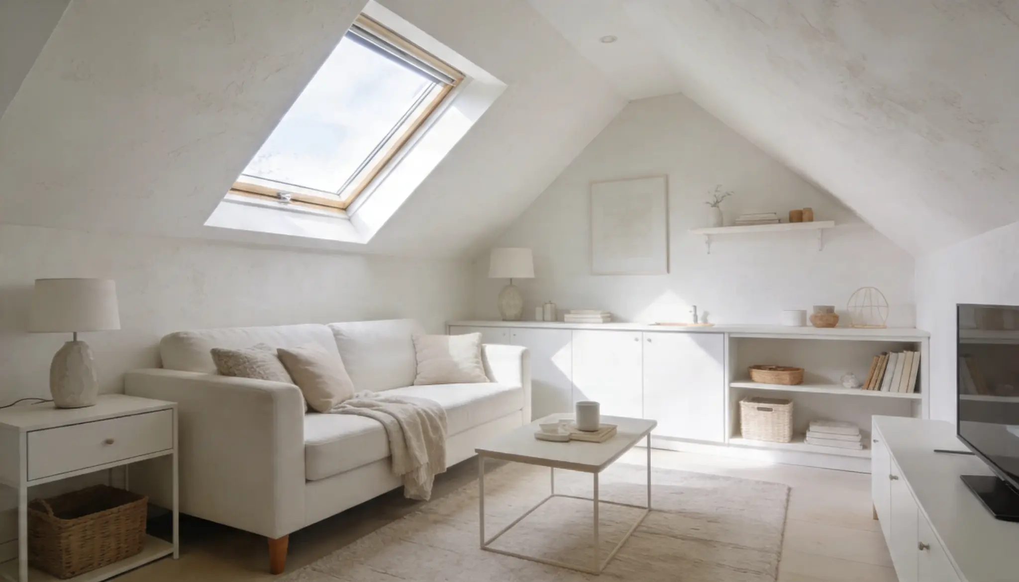 A bright white living room featuring a large skylight that illuminates the space with natural light