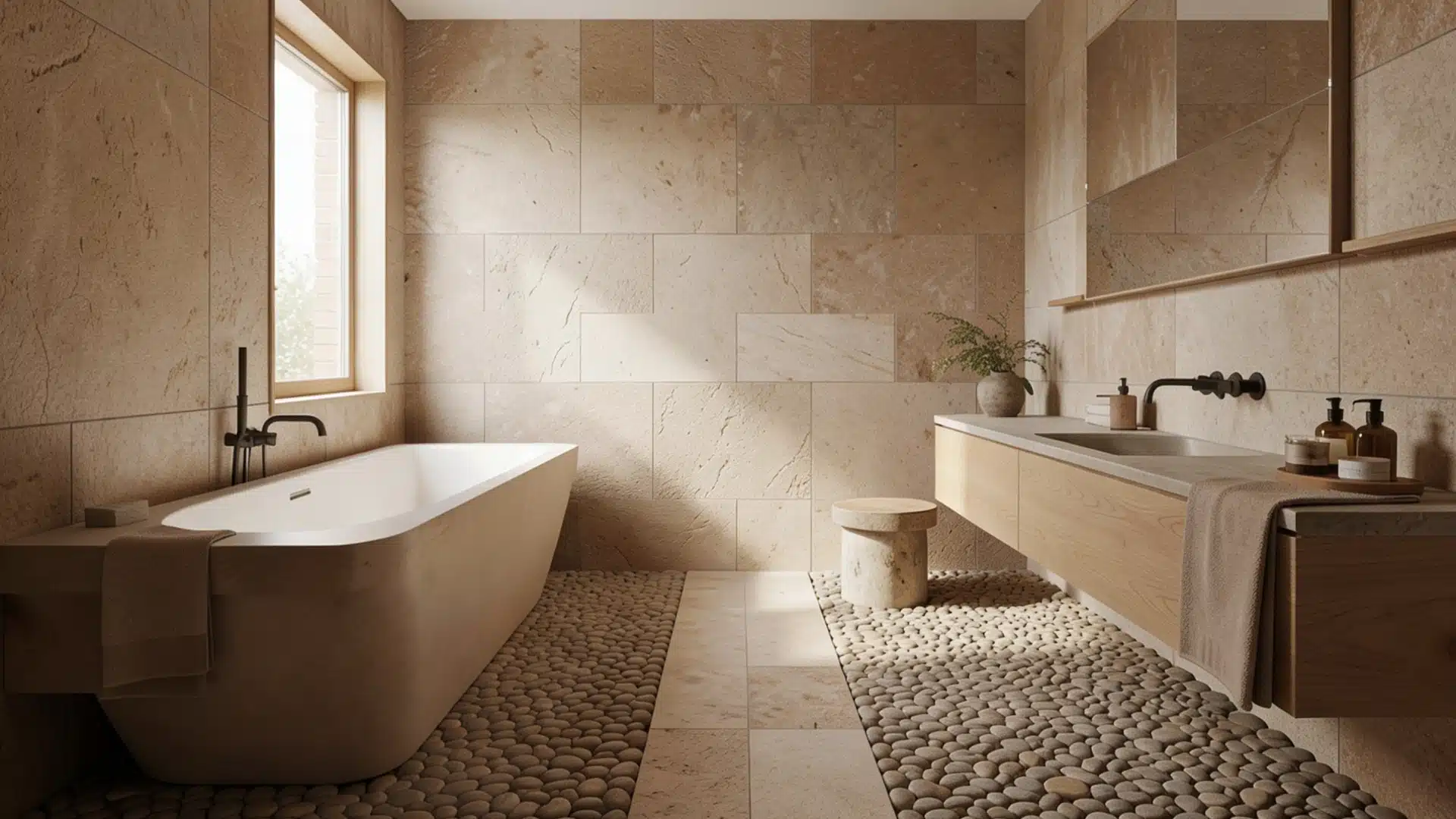 A clean bathroom featuring a white tub and a modern sink against a neutral wall