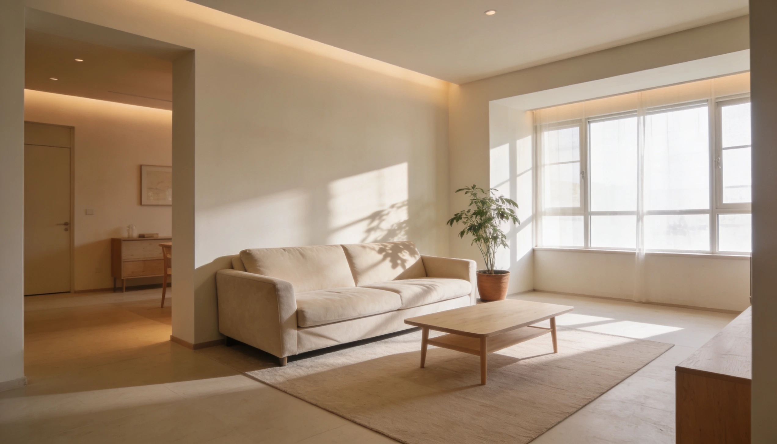 A cozy living room featuring a comfortable couch and a stylish table, creating a welcoming atmosphere