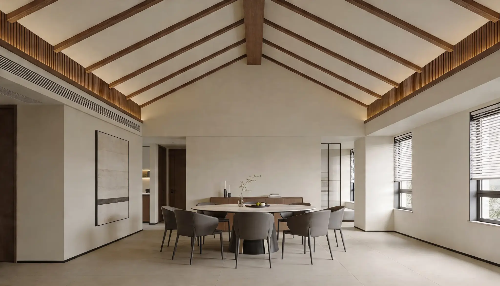A dining room featuring a wooden ceiling and a simple wooden table set for a meal