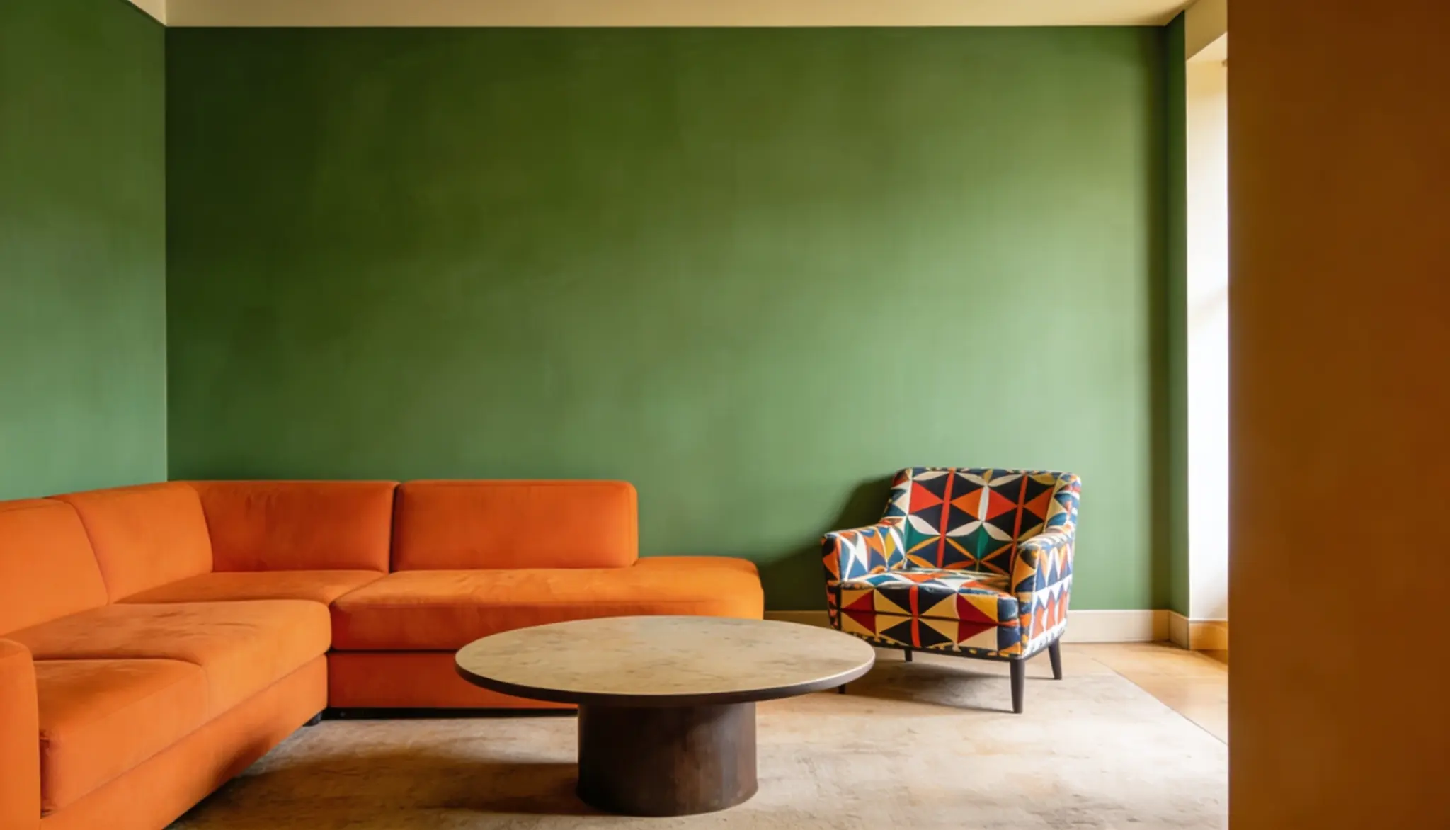 A feng shui couch placement in living room featuring vibrant orange furniture set against refreshing green walls