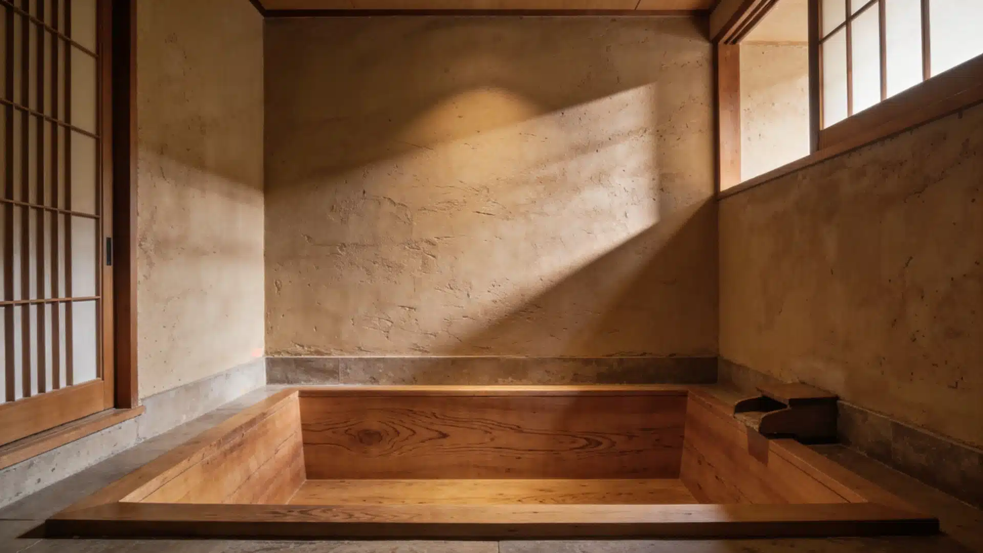 A Japanese-style bathtub is placed in a cozy, small room with minimalistic decor