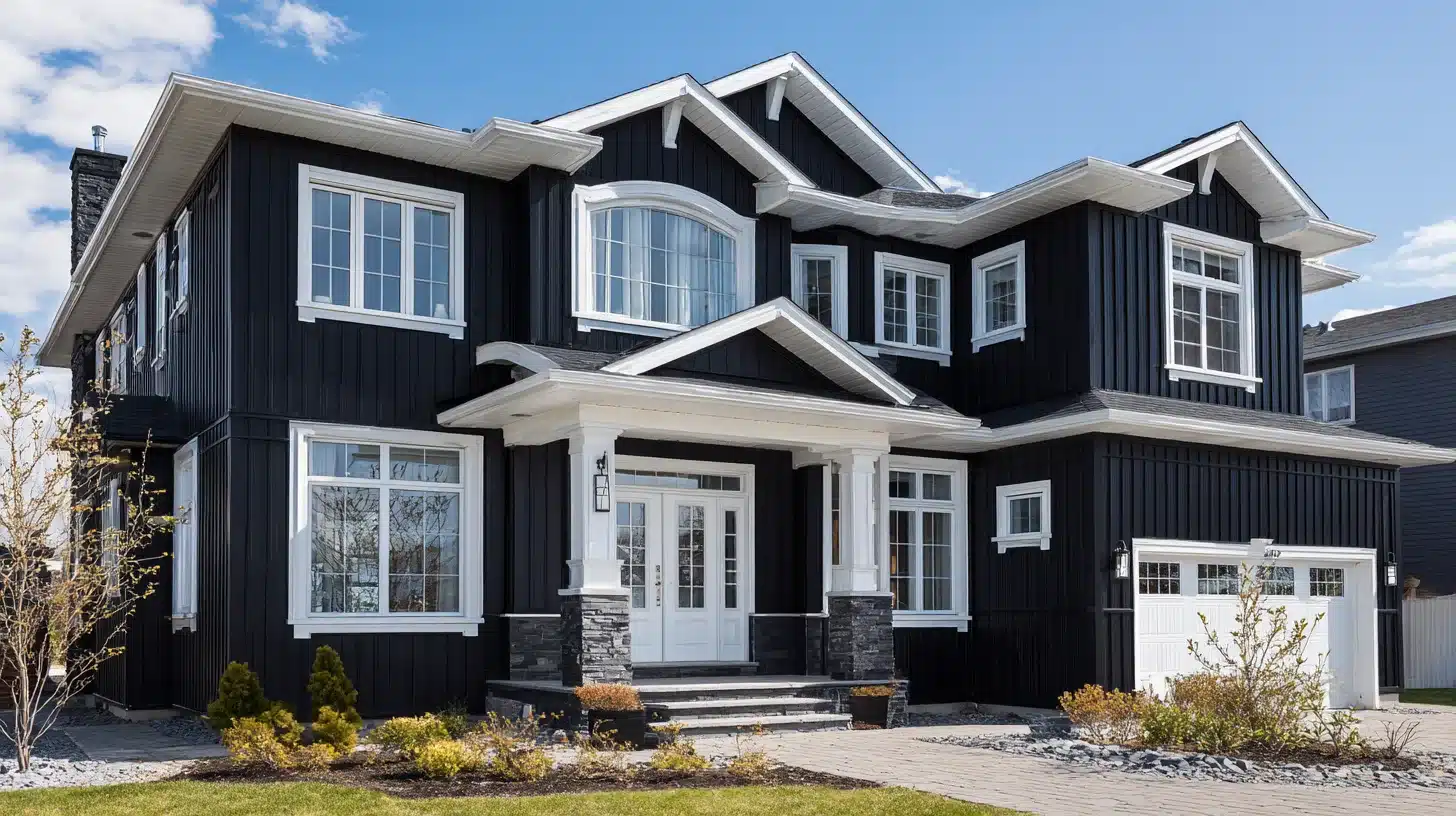 A large black house with white trim detailing on the roof and windows, showcasing a bold architectural design