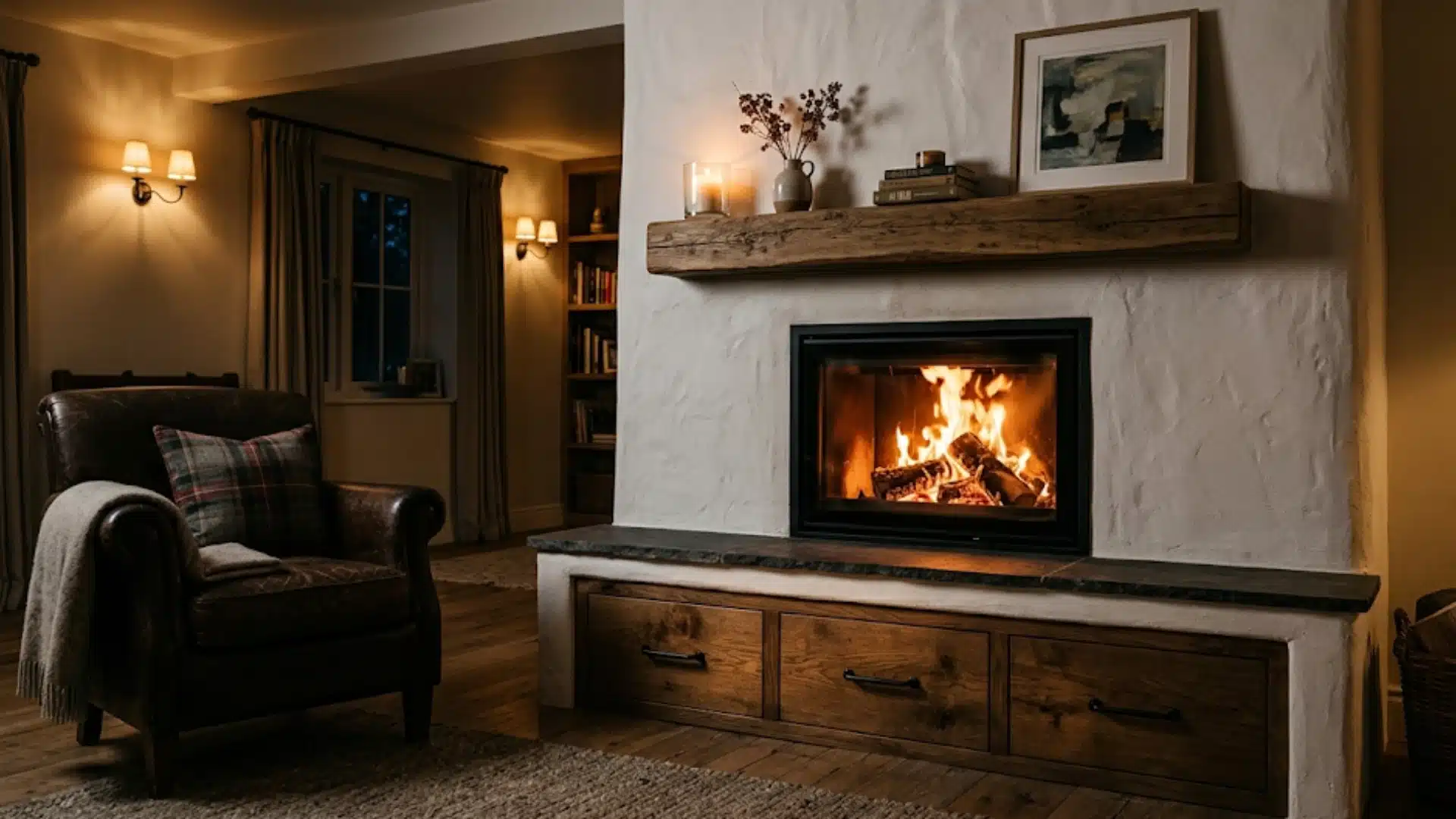 A living room scene showcasing a fireplace with storage, accompanied by a chair and a well-stocked bookshelf