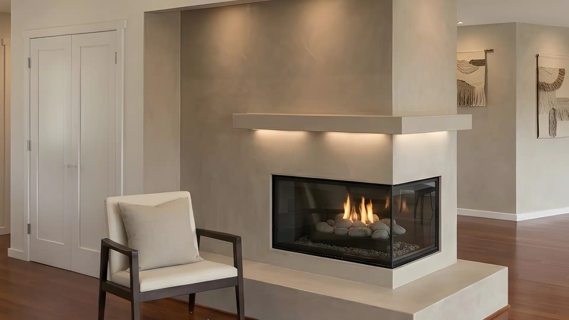 A living room with a corner plaster fireplace and polished wooden floors, creating an inviting atmosphere