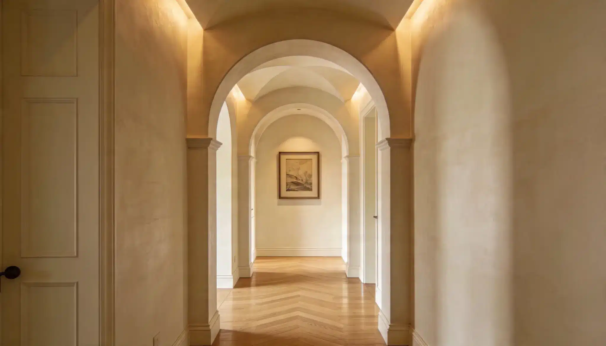 A long hallway featuring arched windows and polished wood floors, creating an elegant and inviting atmosphere