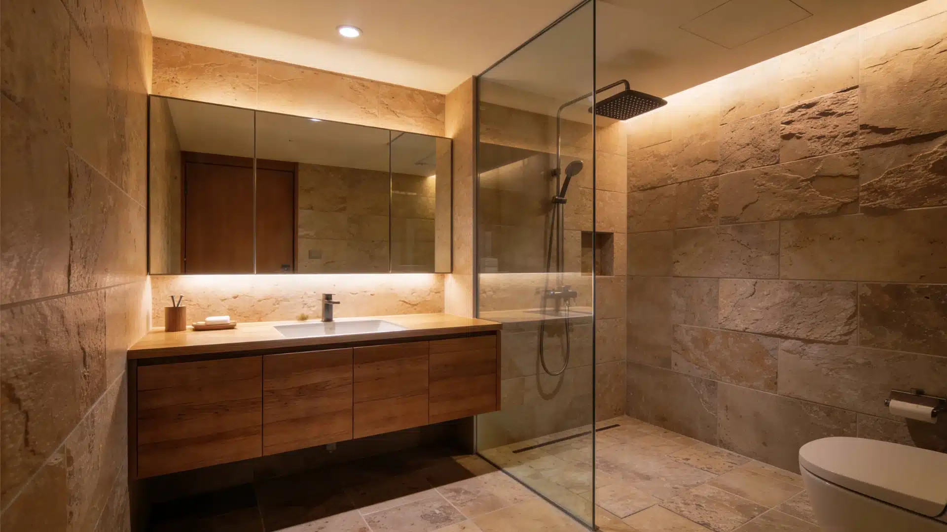 A modern bathroom featuring a glass shower stall and a sleek wooden vanity